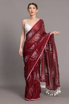Suta Maroon White Floral Printed Pure Cotton Saree Without Blouse