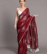 Suta Maroon White Floral Printed Pure Cotton Saree Without Blouse