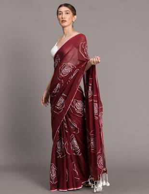 Suta Maroon White Floral Printed Pure Cotton Saree Without Blouse 2