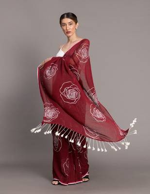 Suta Maroon White Floral Printed Pure Cotton Saree Without Blouse 3