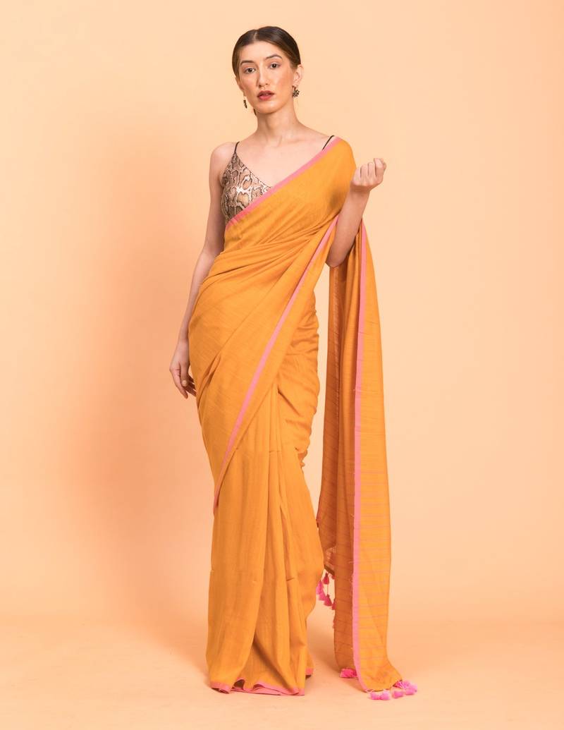 Suta Mustard Pink Solid Cotton stripes Saree