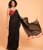 Suta Black  Maroon stripes Solid Cotton Saree