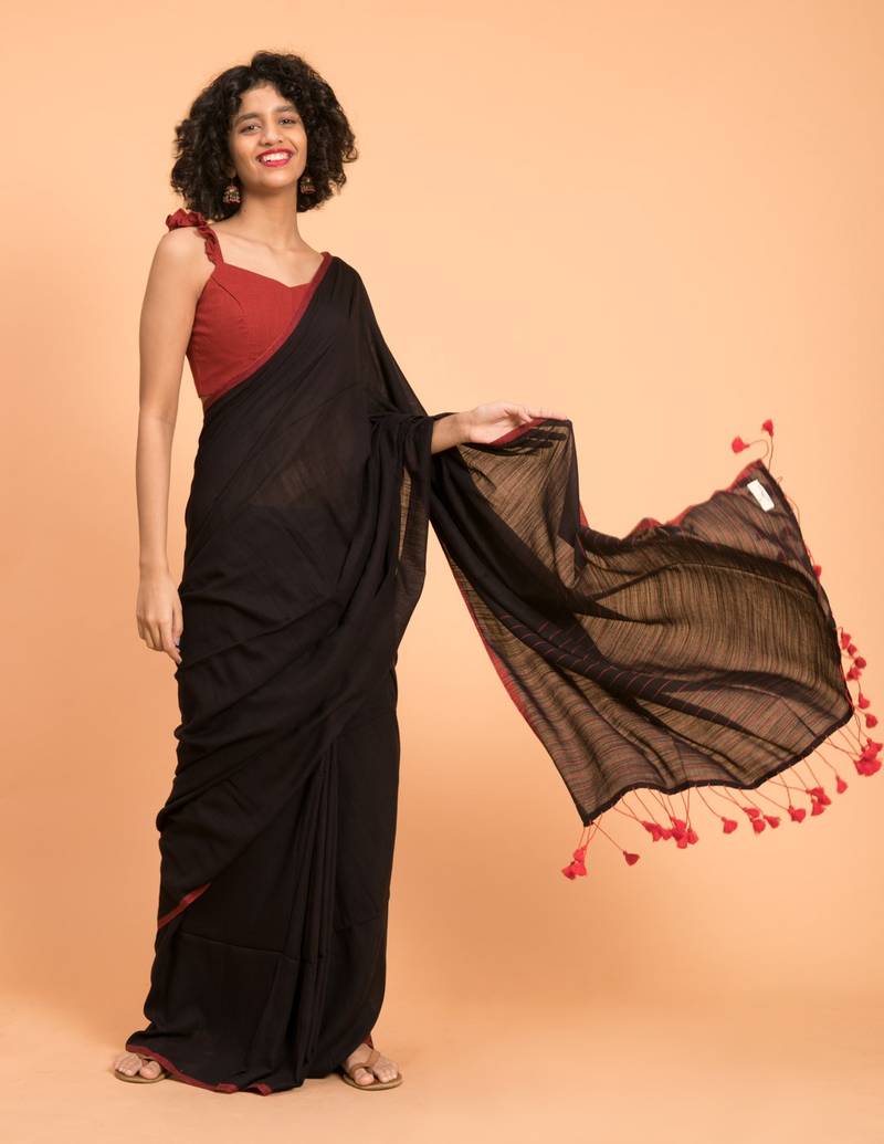 Suta Black  Maroon stripes Solid Cotton Saree
