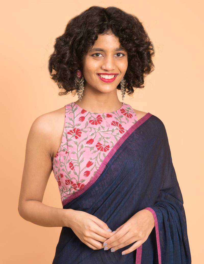 Suta Navy Blue Pink Solid Cotton stripes Saree