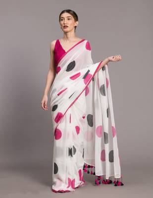 Suta White  Pink Polka Dot Printed Pure Cotton Saree 1