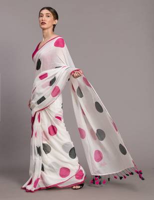 Suta White  Pink Polka Dot Printed Pure Cotton Saree 2