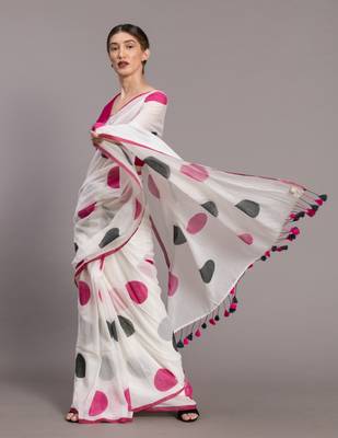 Suta White  Pink Polka Dot Printed Pure Cotton Saree 3