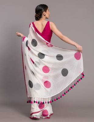 Suta White  Pink Polka Dot Printed Pure Cotton Saree 4