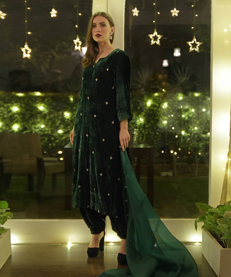 Emerald Green Swarovski Hand Embroidered Velvet Kurta Set