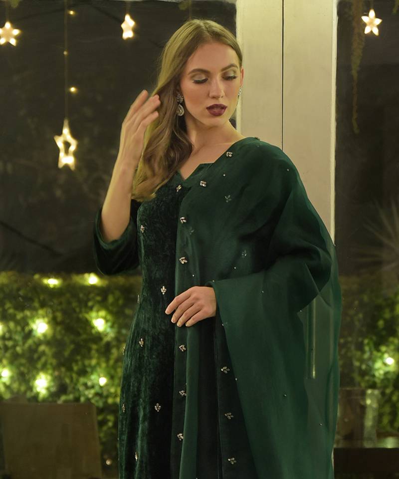 Emerald Green Swarovski Hand Embroidered Velvet Kurta Set