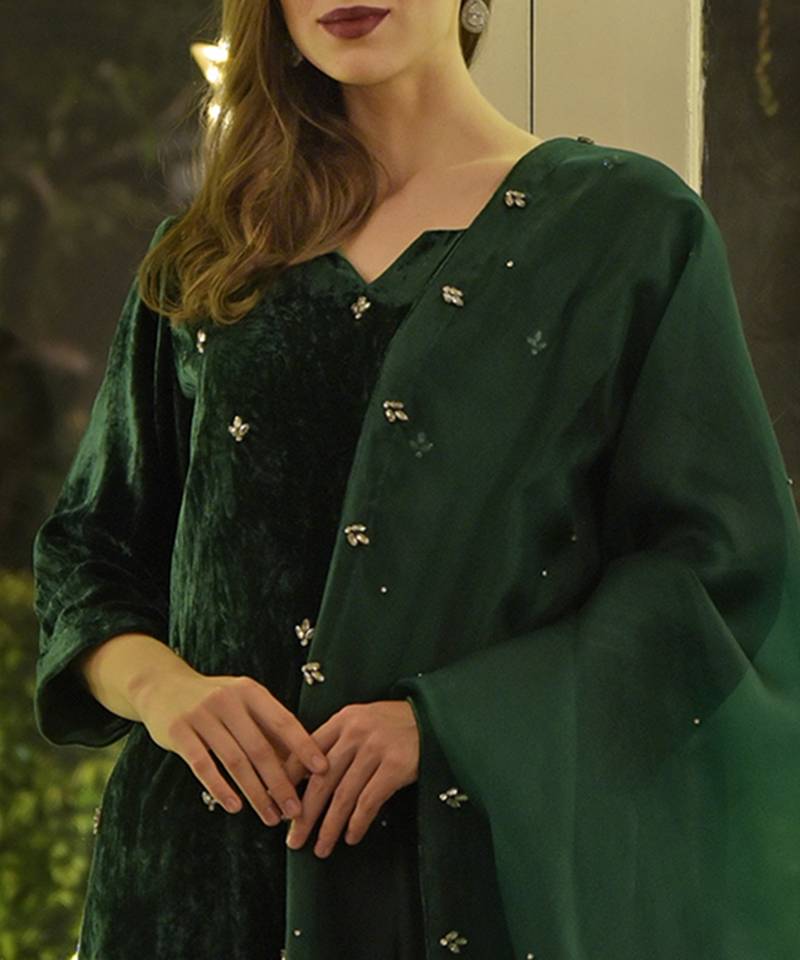Emerald Green Swarovski Hand Embroidered Velvet Kurta Set