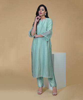 Sage Green Beads Sequin Chanderi Hand Embroidered Kurta Set 2