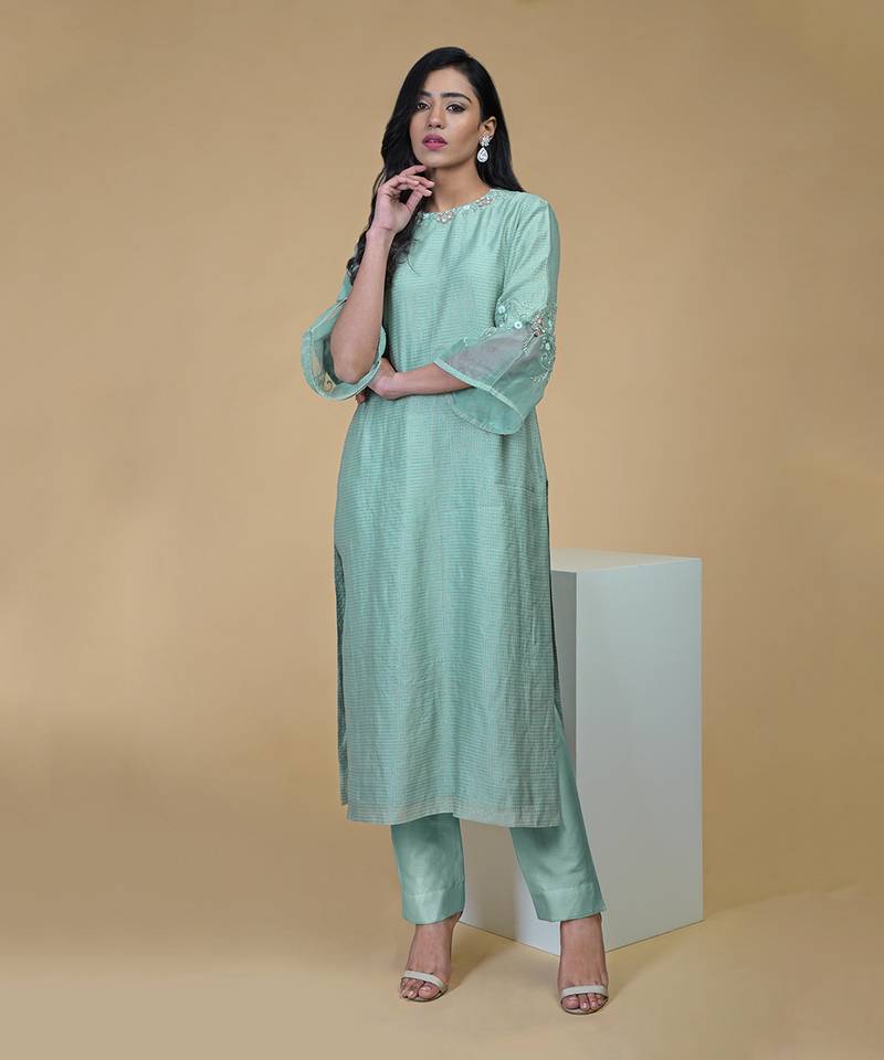Sage Green Beads Sequin Chanderi Hand Embroidered Kurta Set