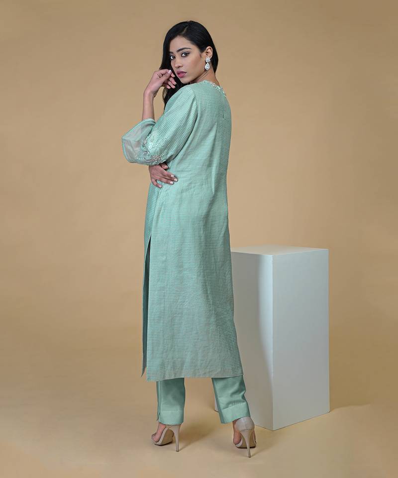 Sage Green Beads Sequin Chanderi Hand Embroidered Kurta Set