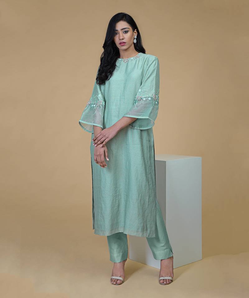 Sage Green Beads Sequin Chanderi Hand Embroidered Kurta Set