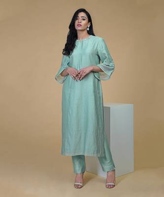 Sage Green Beads Sequin Chanderi Hand Embroidered Kurta Set 1