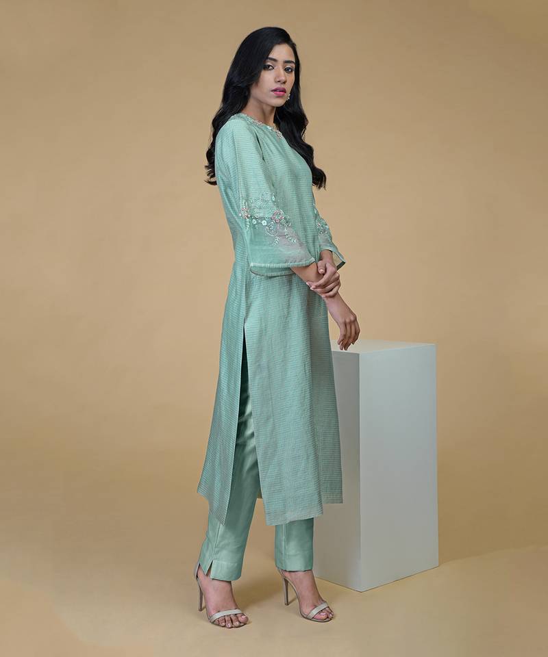 Sage Green Beads Sequin Chanderi Hand Embroidered Kurta Set