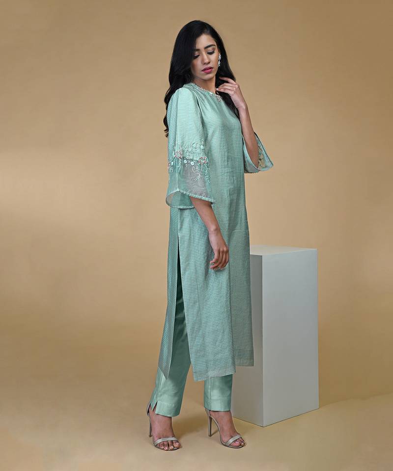 Sage Green Beads Sequin Chanderi Hand Embroidered Kurta Set