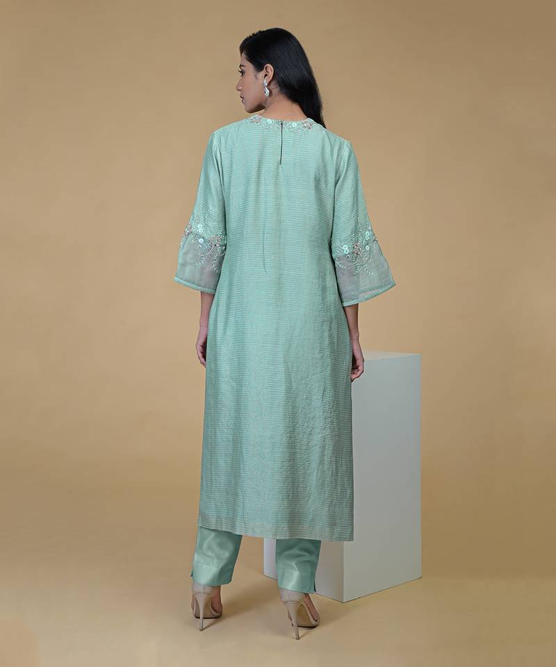 Sage Green Beads Sequin Chanderi Hand Embroidered Kurta Set
