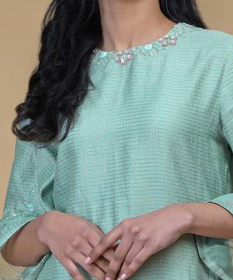 Sage Green Beads Sequin Chanderi Hand Embroidered Kurta Set 8