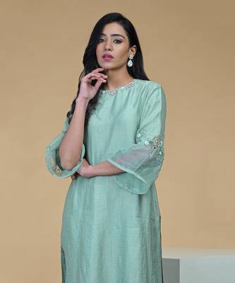 Sage Green Beads Sequin Chanderi Hand Embroidered Kurta Set 9