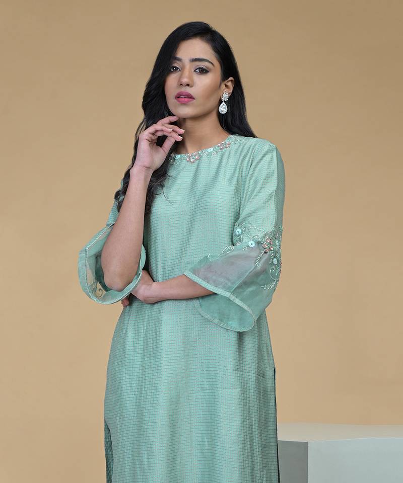 Sage Green Beads Sequin Chanderi Hand Embroidered Kurta Set