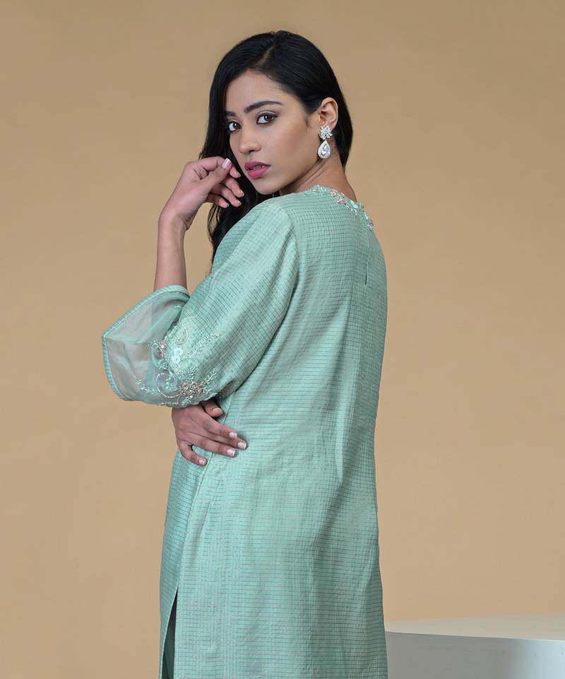 Sage Green Beads Sequin Chanderi Hand Embroidered Kurta Set