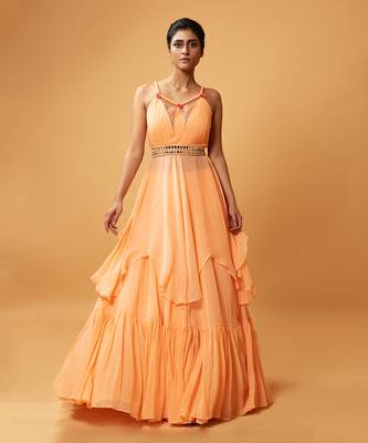 Peach Coloured Gown/ Co-Ord Set  With Mirror Work Belt. 1
