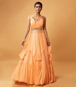 Peach Coloured Gown/ Co-Ord Set  With Mirror Work Belt.