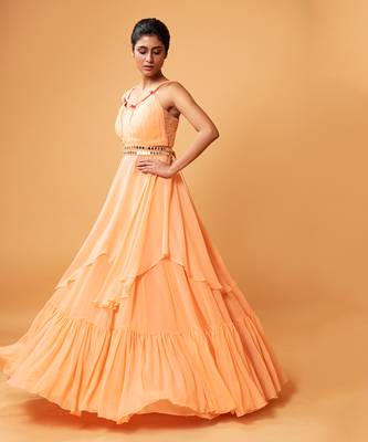 Peach Coloured Gown/ Co-Ord Set  With Mirror Work Belt. 2