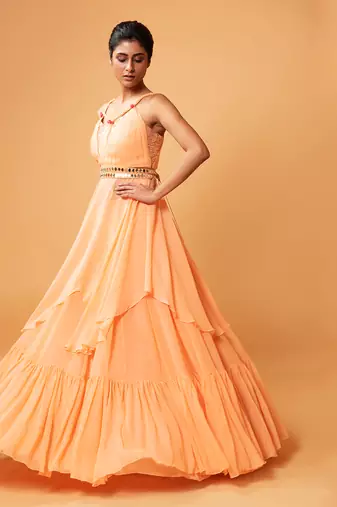 Peach Coloured Gown/ Co-Ord Set  With Mirror Work Belt.