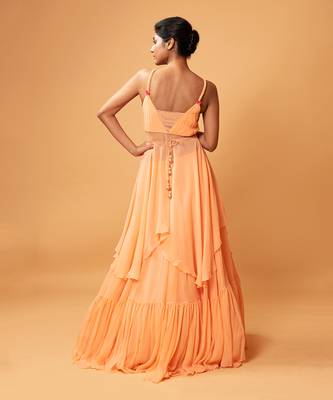 Peach Coloured Gown/ Co-Ord Set  With Mirror Work Belt. 3