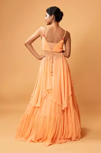 Peach Coloured Gown/ Co-Ord Set  With Mirror Work Belt.
