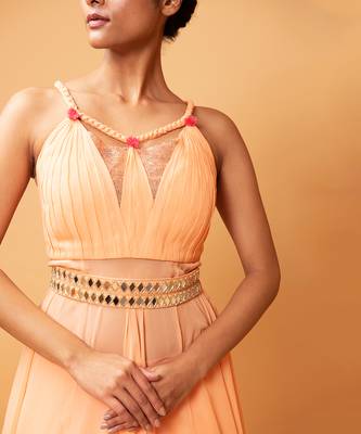 Peach Coloured Gown/ Co-Ord Set  With Mirror Work Belt. 4