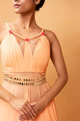 Peach Coloured Gown/ Co-Ord Set  With Mirror Work Belt.