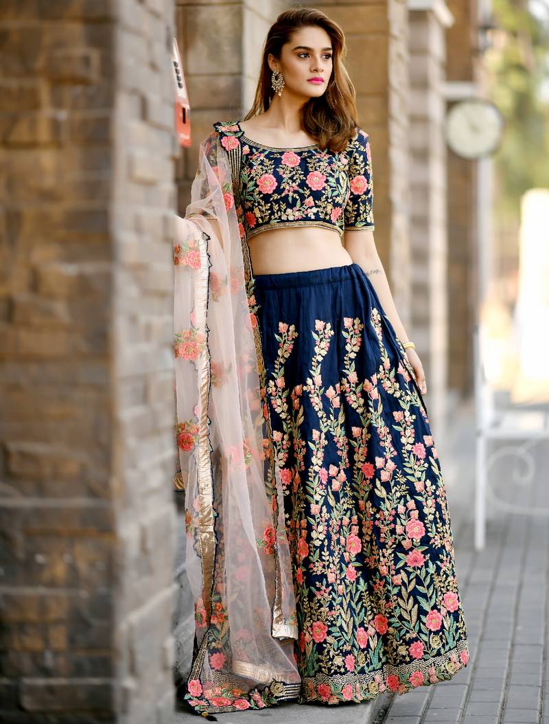 SHUBHKALA navy-blue Resham Embroidered silk UNSTITCHED LEHENGA WITH BLOUSE