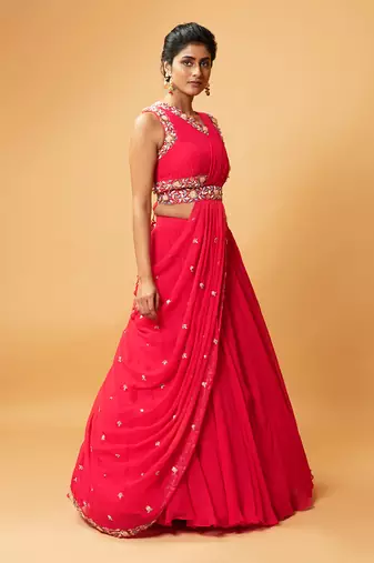 Draped Lehenga With Georgette Fabric And Pure Handwork