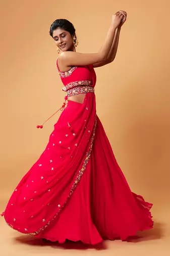 Draped Lehenga With Georgette Fabric And Pure Handwork