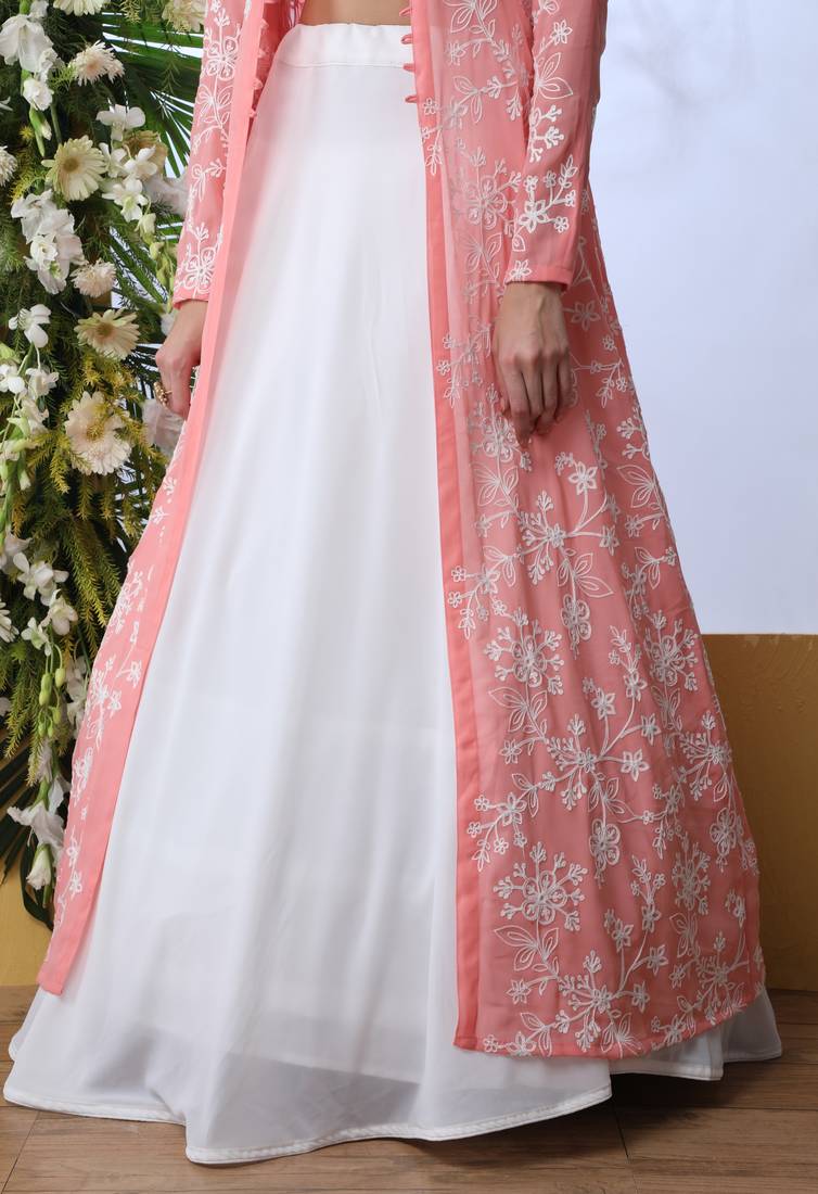 SHUBHKALA WHITE THREAD embroidered GEORGETTE SEMI STITCHED LEHENGA WITH KOTI