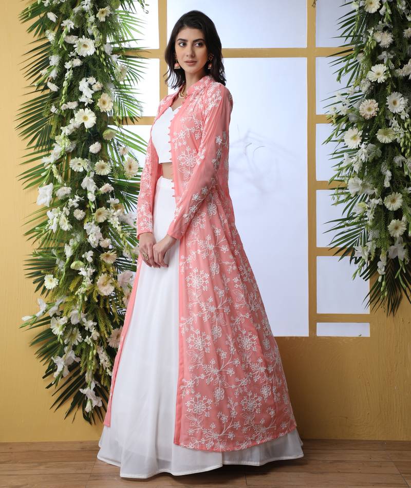 SHUBHKALA WHITE THREAD embroidered GEORGETTE SEMI STITCHED LEHENGA WITH KOTI