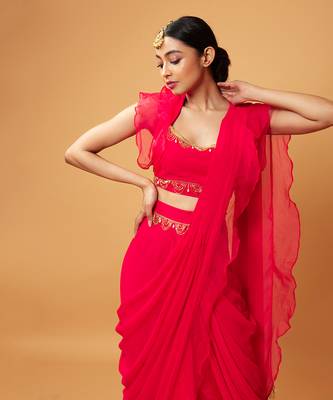 Fuschia Pink Ruffle Saree With Lace 2