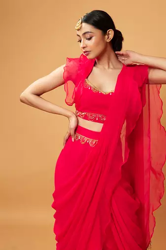 Fuschia Pink Ruffle Saree With Lace
