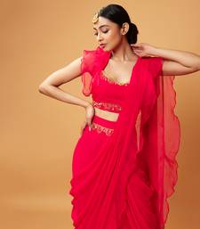 Fuschia Pink Ruffle Saree With Lace