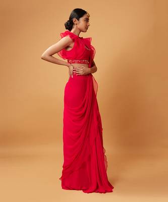 Fuschia Pink Ruffle Saree With Lace 3