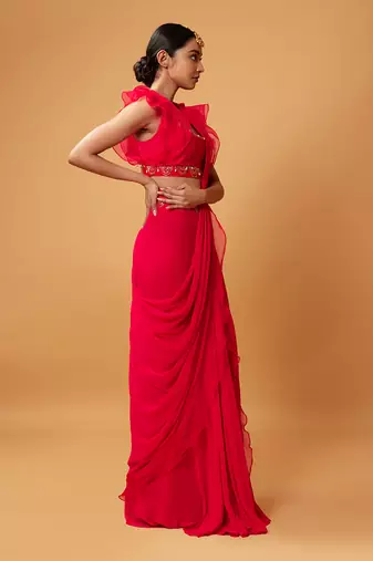 Fuschia Pink Ruffle Saree With Lace