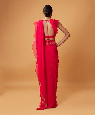 Fuschia Pink Ruffle Saree With Lace 4