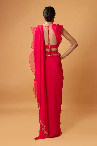 Fuschia Pink Ruffle Saree With Lace