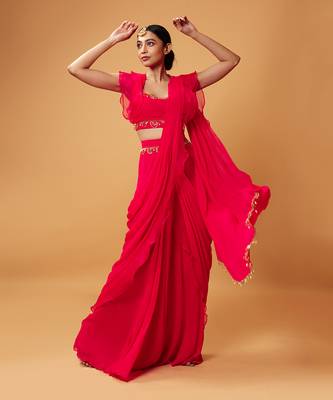Fuschia Pink Ruffle Saree With Lace 1