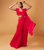 Fuschia Pink Ruffle Saree With Lace