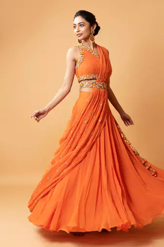 Draped Lehenga With Georgette Fabric And Pure Handwork